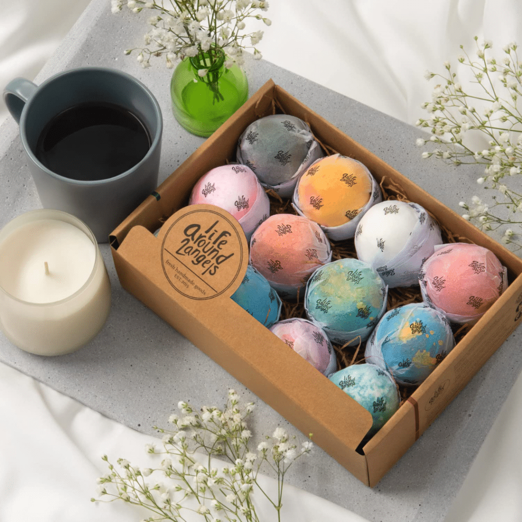 A view of box of LifeAround2Angels Bath Bombs