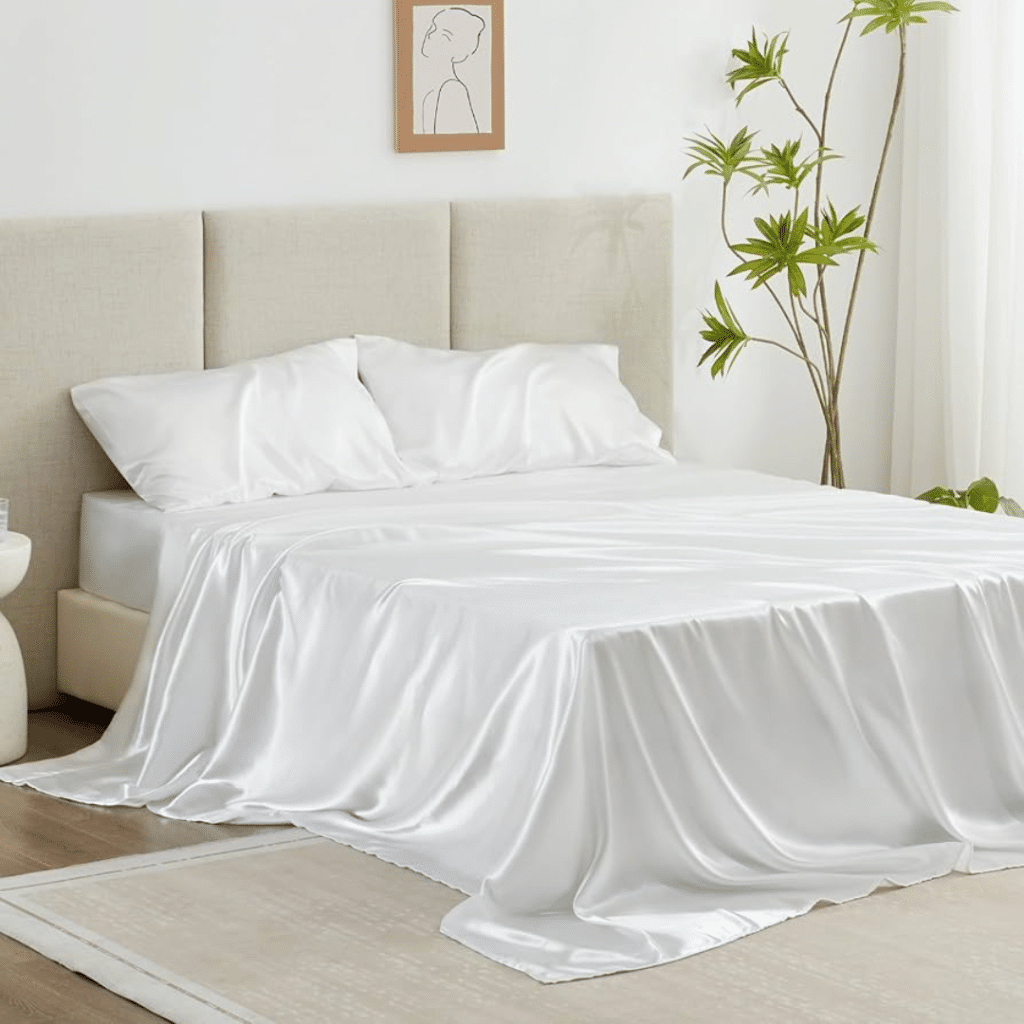 A view of Love’s Cabin Satin Bed Sheets