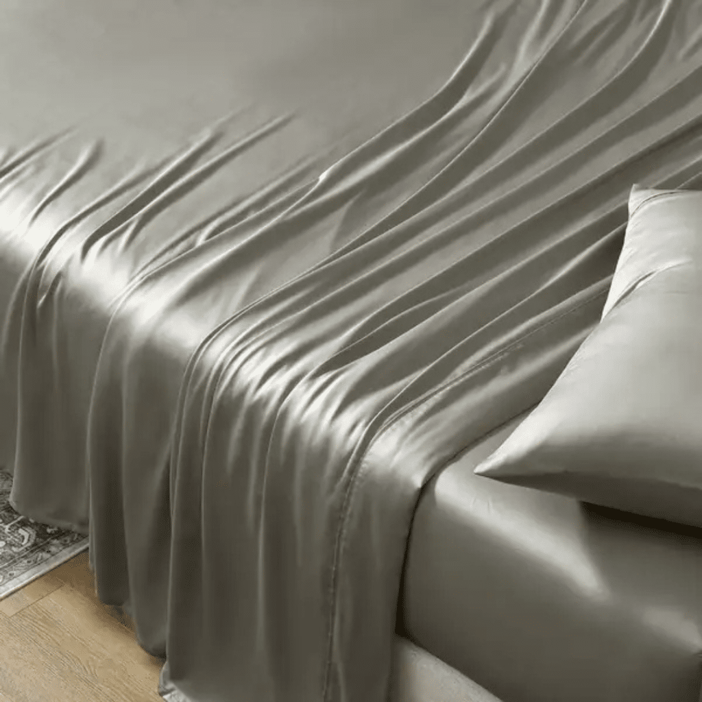 A view of a grey greenish silk bedding