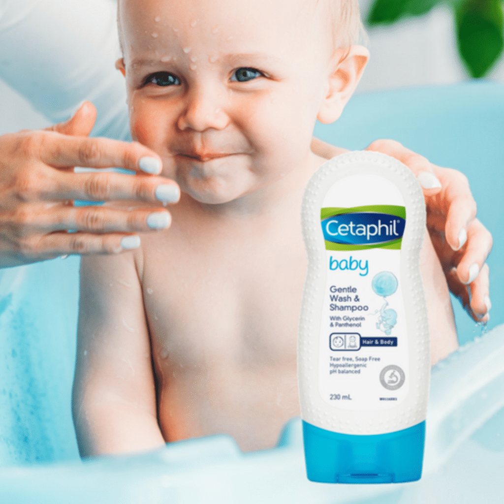 a baby taking shower with cetaphil