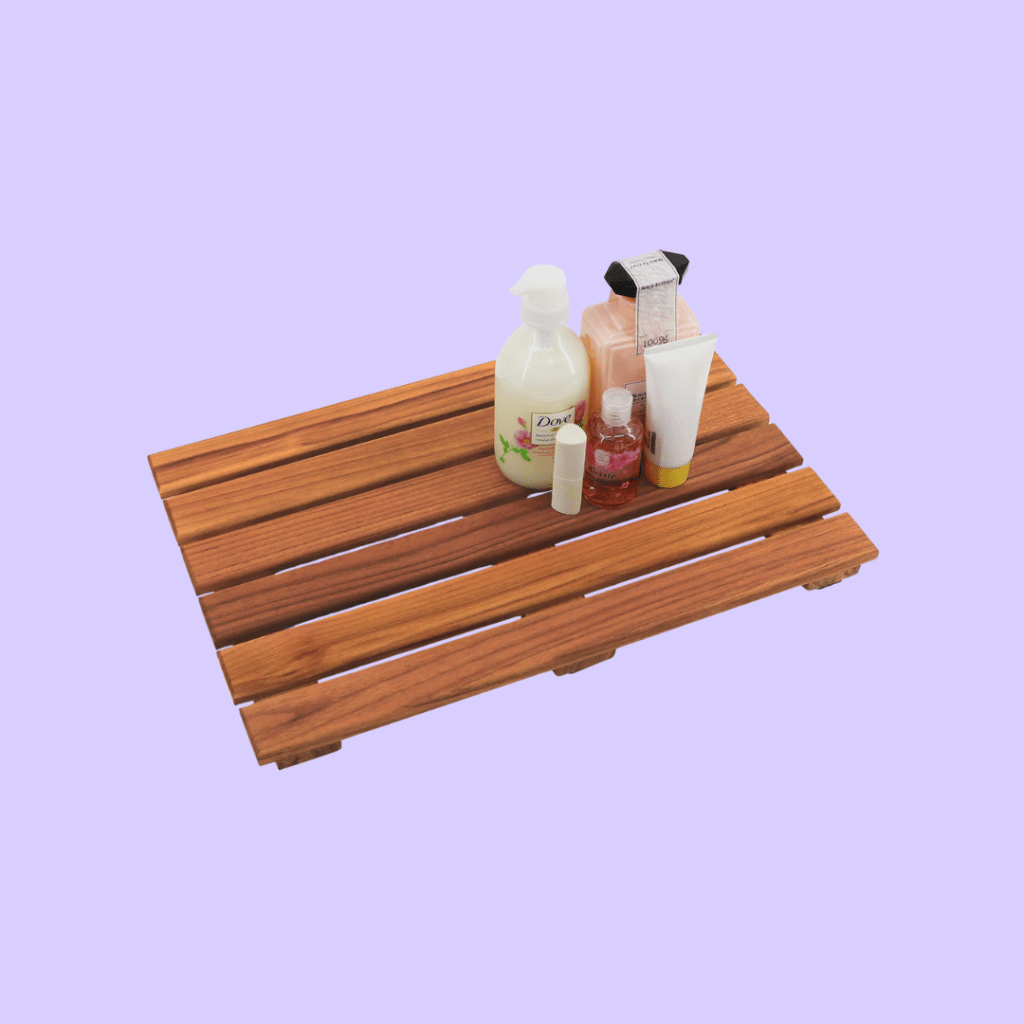 A view of the VaeFae Teak Shower Mat