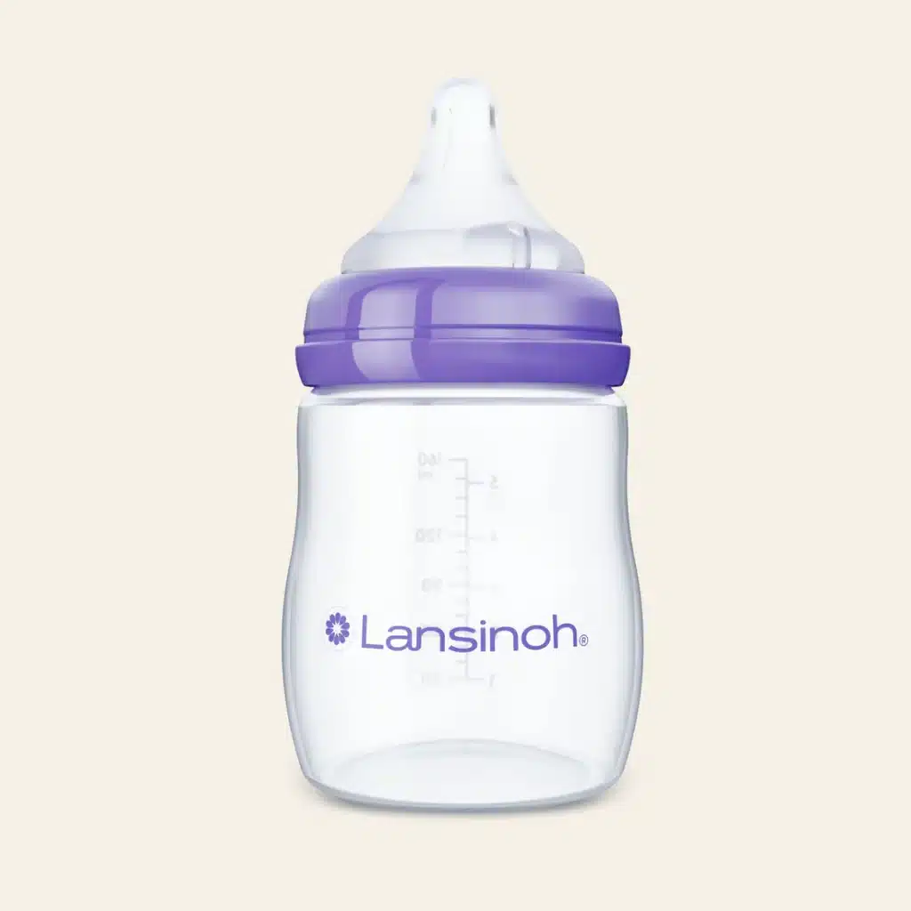 Lansinoh Anti Colic Baby Bottle isolated on beige background