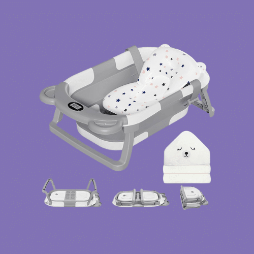 MoreFeel Collapsible Baby Bathtub isolated on a purple background