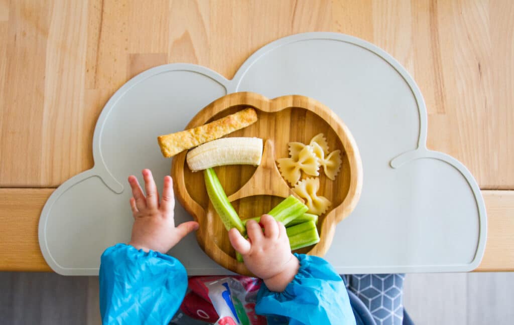zoomed view of baby hands picking up food from toddler plate