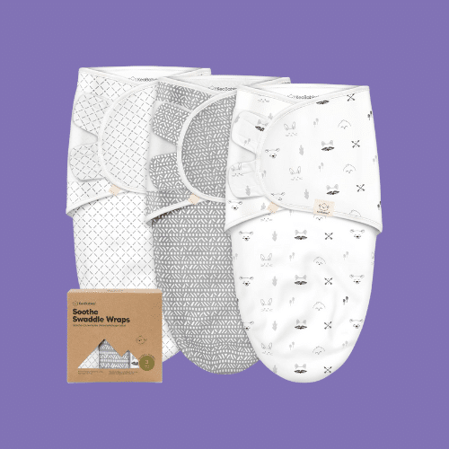 Pack Organic Baby Swaddle Sleep Sacks isolated on a purple background