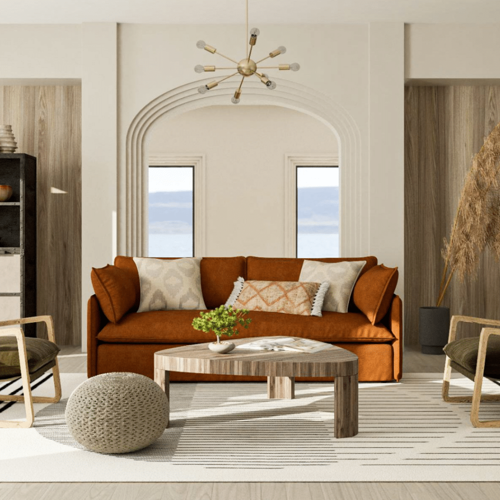 A view of a living room with earthy colours