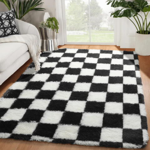 KICMOR Black and White Checkered Fluffy Area Rug