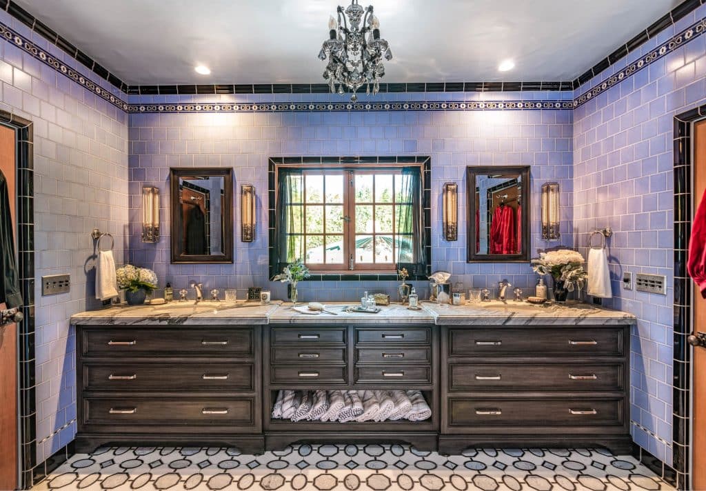 Luxury Jack and Jill bathroom with double vanity marble countertop