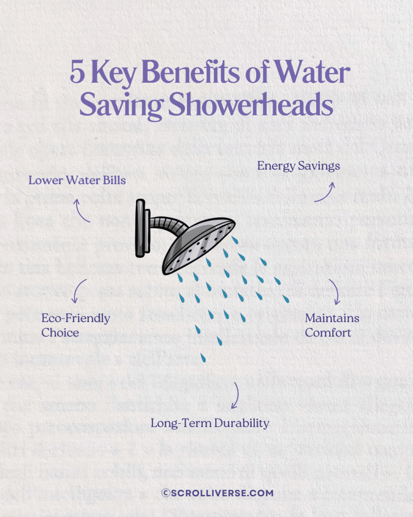 Graphic of showerhead with five benefits of water-saving models: lower bills, energy savings, comfort, durability, eco-friendly.