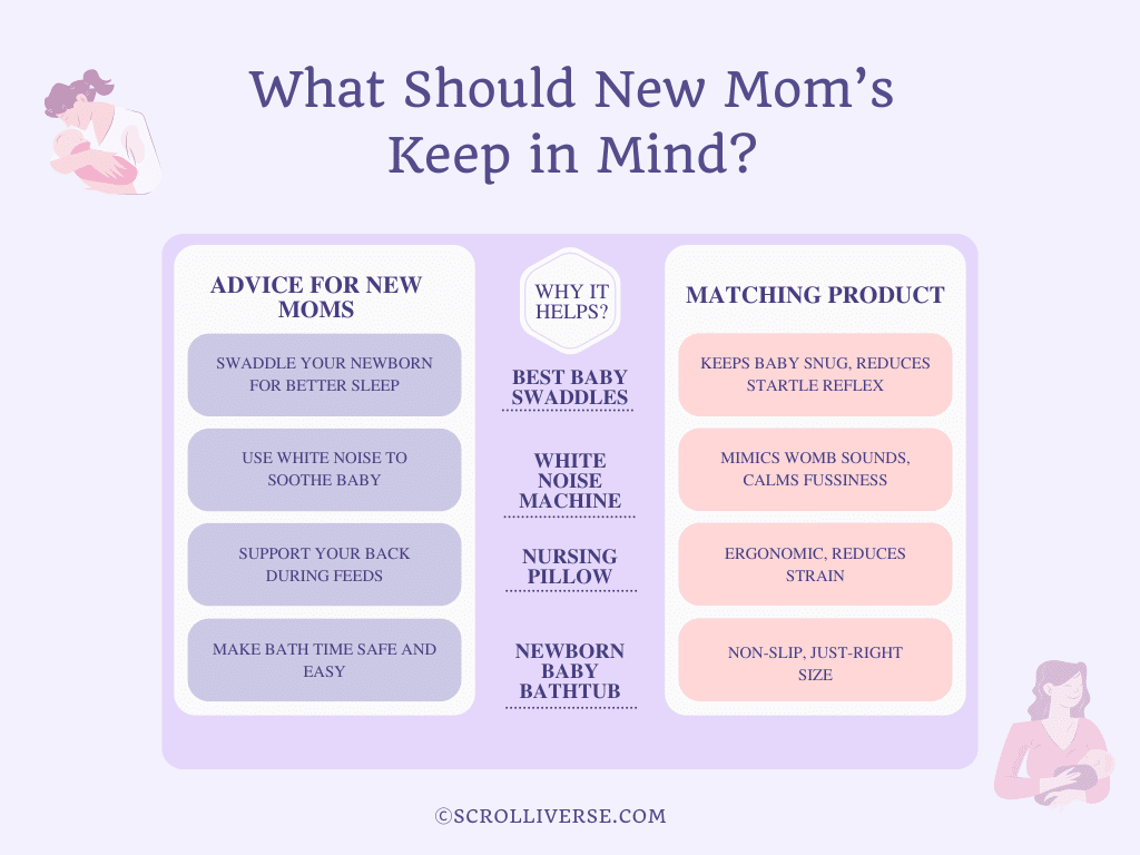 Infographic with tips for new moms and matching baby products with benefits