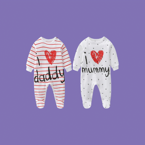 Pack Baby Clothes Newborn Bodysuits isolated on a purple background