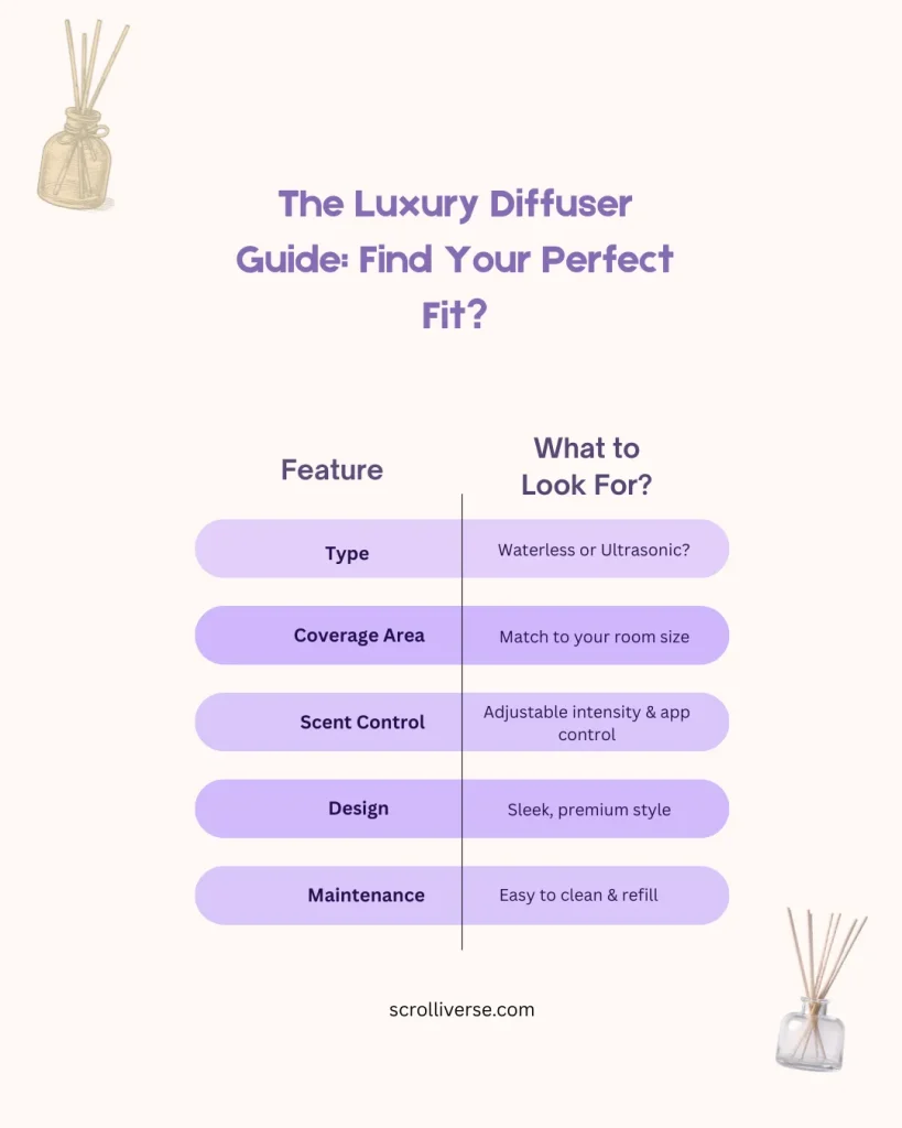 A guide to selecting a luxury diffuser focusing on type coverage scent control design and maintenance