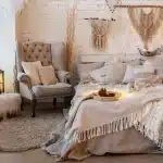 Cozy hygge bedroom with soft lighting plush textures and natural decor elements
