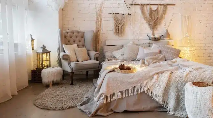 Cozy hygge bedroom with soft lighting plush textures and natural decor elements