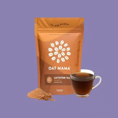 Oat Mama Lactation Tea for Breastfeeding Moms isolated on a purple background