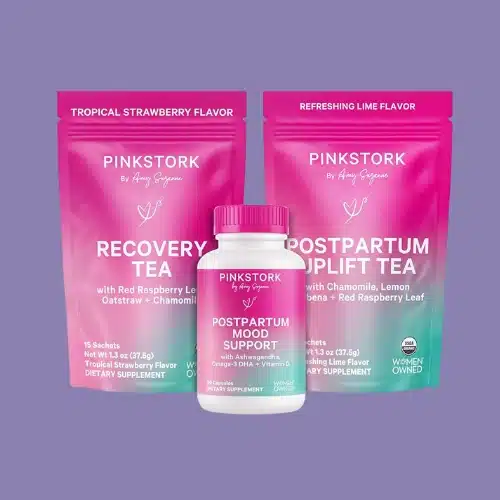Pink Stork Recovery Drink Mix isolated on a purple background