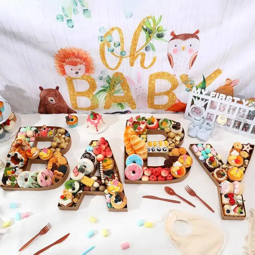 baby charcuterie cardboard letter for welcome party