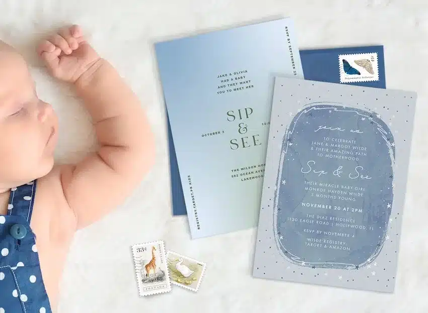 sip and see invitation a baby sleeping on the side